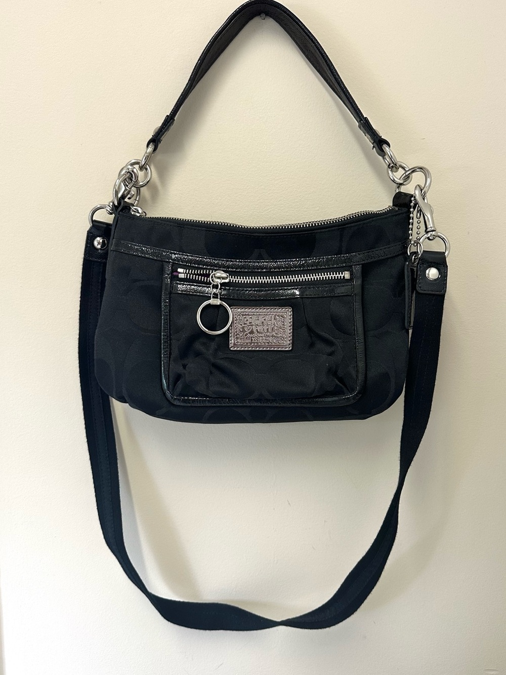Coach Poppy Graffiti Signature Hobo Bag with Black Patent Trim